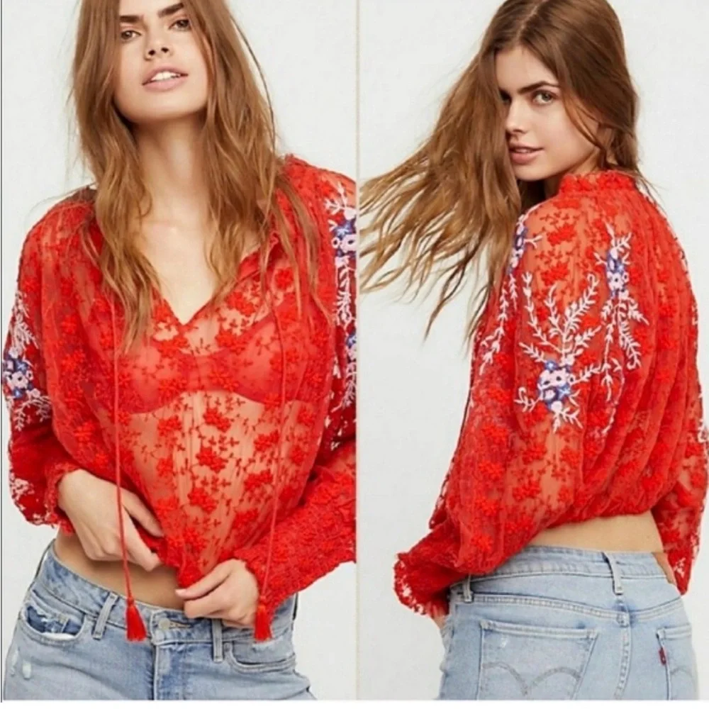 Red Floral Lace Women's Top - Picture 1 of 10